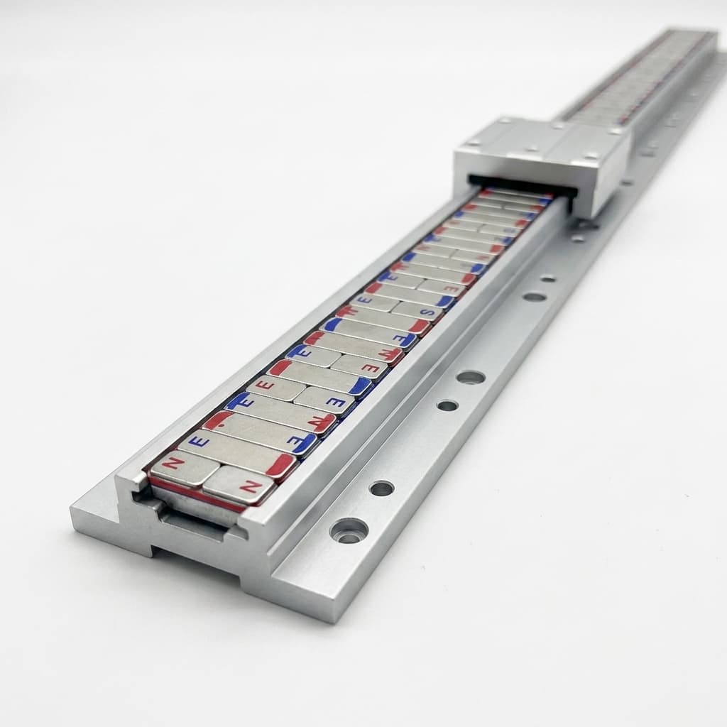 Illustrative Halbach linear motor magnet track and moving carriage