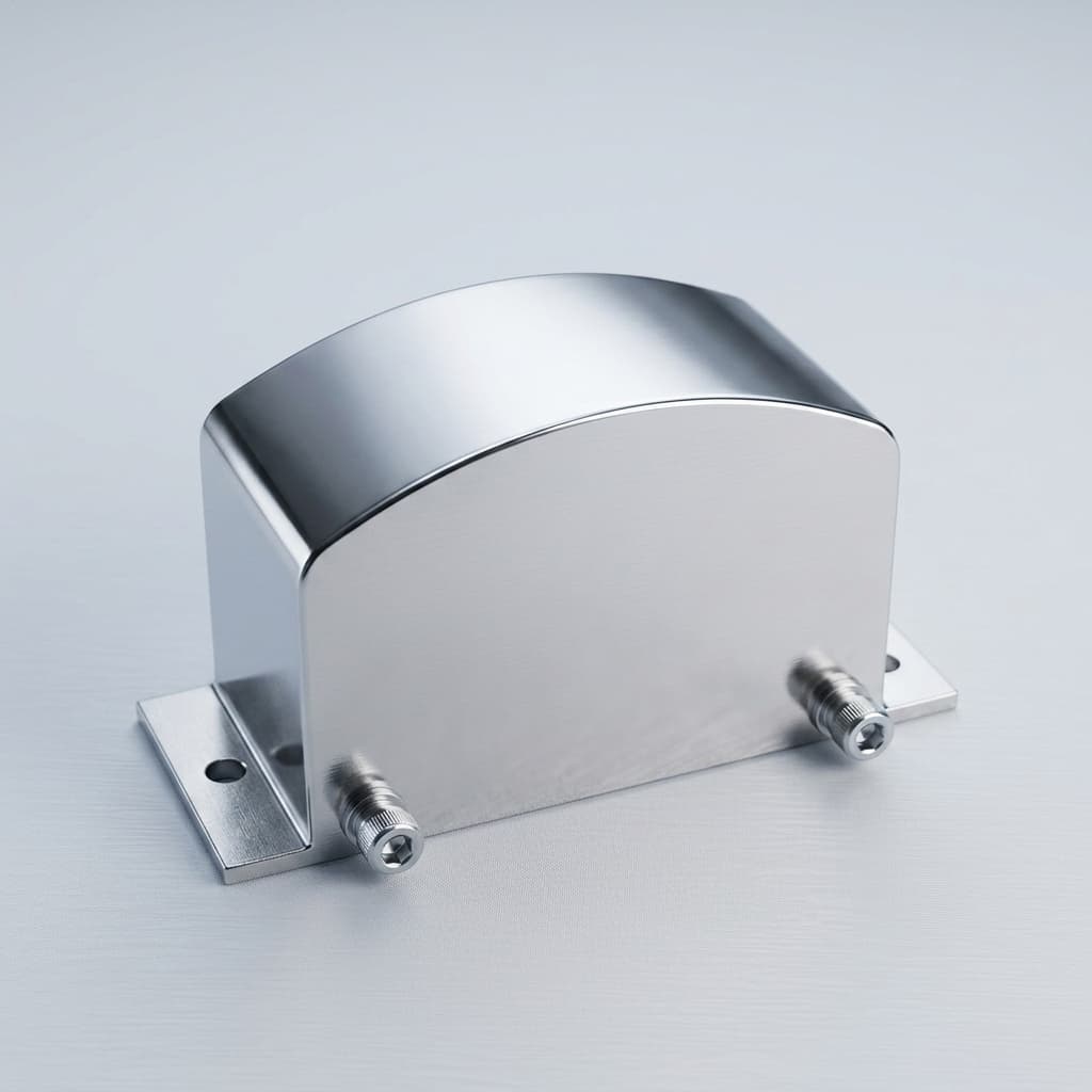 Illustrative metal enclosure with mounting feet and fasteners