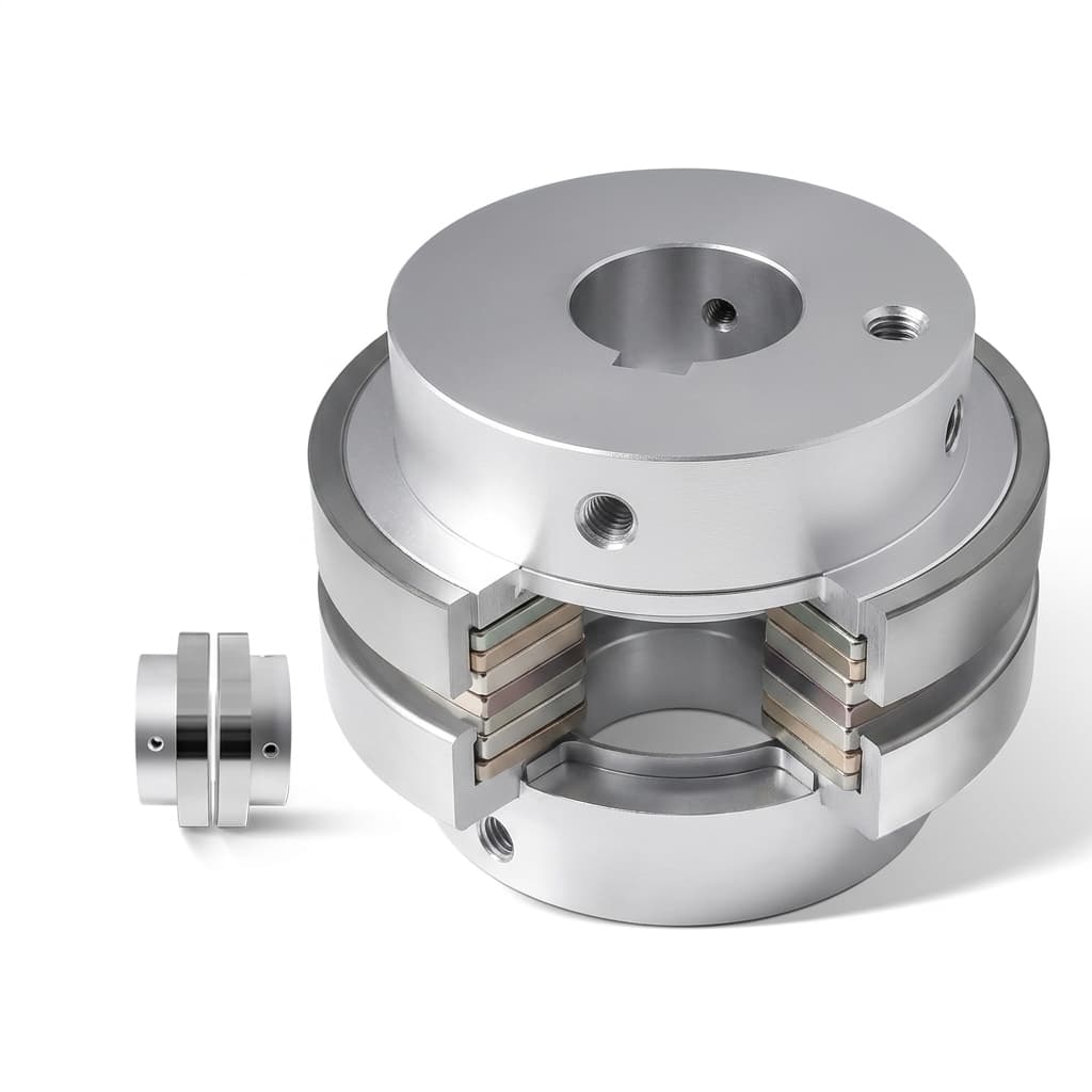 Illustrative magnetic coupling cutaway with shaft hubs and exposed magnet segments